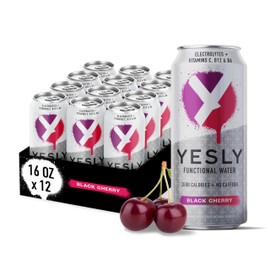 Yesly Functional Water, Black Cherry, Naturally Flavored Still Water with Electrolytes, Magnesium, Potassium, Vitamin C, B6 & B12, Zero Sugar, No Artificial Sweeteners, 16 Fl Oz Cans, 12 Pack