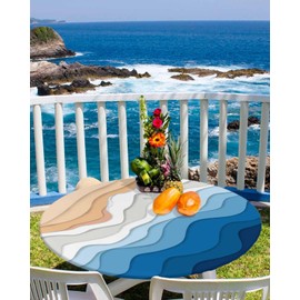 CNNKEPTBLE Round Fitted Tablecloth, Abstract Blue White Summer Beach Waterproof Table Cover with Elastic Edge, Gradient Ocean Waves Wipeable Table Covers for Indoor Outdoor,36-44IN