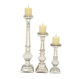 Deco 79 Glass Handmade Decorative Candle Holder Turned Style Pillar Candle Stand, Set of 3 Candlestick Holder 11", 15", 21"H, Silver