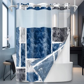 SSCRCUSLY No Hook Shower Curtain with Snap in Fabric Liner Set, Navy Blue Geometric with Modern Hotel Abstract Design for Bathroom, 71x74 Inches