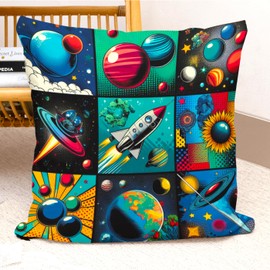 The Beach Stop Pop Art Space Themed Planets Rocket Accent Cushion Cover | Unique Design Home and Bedroom Decor | Gift Idea for Space Lovers | 45x45cm 18x18” | Pop Art Space