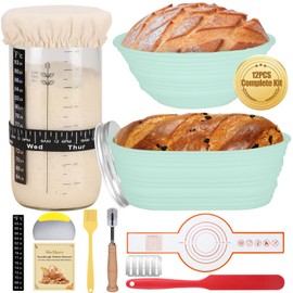 Sourdough Starter Kit, 34oz Sourdough Starter Jar, Bread Sling for Dutch Oven, 2 Bread Proofing Baskets, Thermometer, Time Tracker, Metal Scraper, Complete Sourdough Bread Baking Supplies - Green