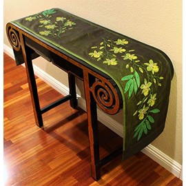 Table Runners Wall Hangings Japanese Silk, Brocade, Global Weave Fabrics (One of a Kind Beaded Orchids Green 74"x12")