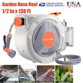 Retractable Garden Hose Reel 1/2" x 130Ft 9 Function Sprayer Automatic Rewind US