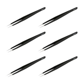 Aoje-Link ESD-11 Professional Anti-Static Technology Tweezers, Non-Magnetic Fine Tip Straight, Stainless Steel Plastic Coated, Full Length 142mm, Black, 6pcs