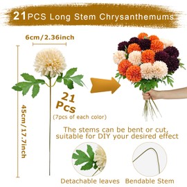 YILIUFA 21Pcs Artificial Chrysanthemum Ball Flowers Fake Mums Silk Pom Pom Floral Arrangements with Long Stems for DIY Autumn Wedding Bouquet Home Kitchen Table Centerpiece Decor (Mixcolor)