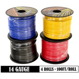 GS Power 400ft CCA 14 Gauge Wire Automotive, 100ft Spool, 4 Colors, 14 AWG 12v, Speaker Electrical Wire Low Voltage Primary for Car Stereo Audio Trailer Harness Hookup Wiring DIY