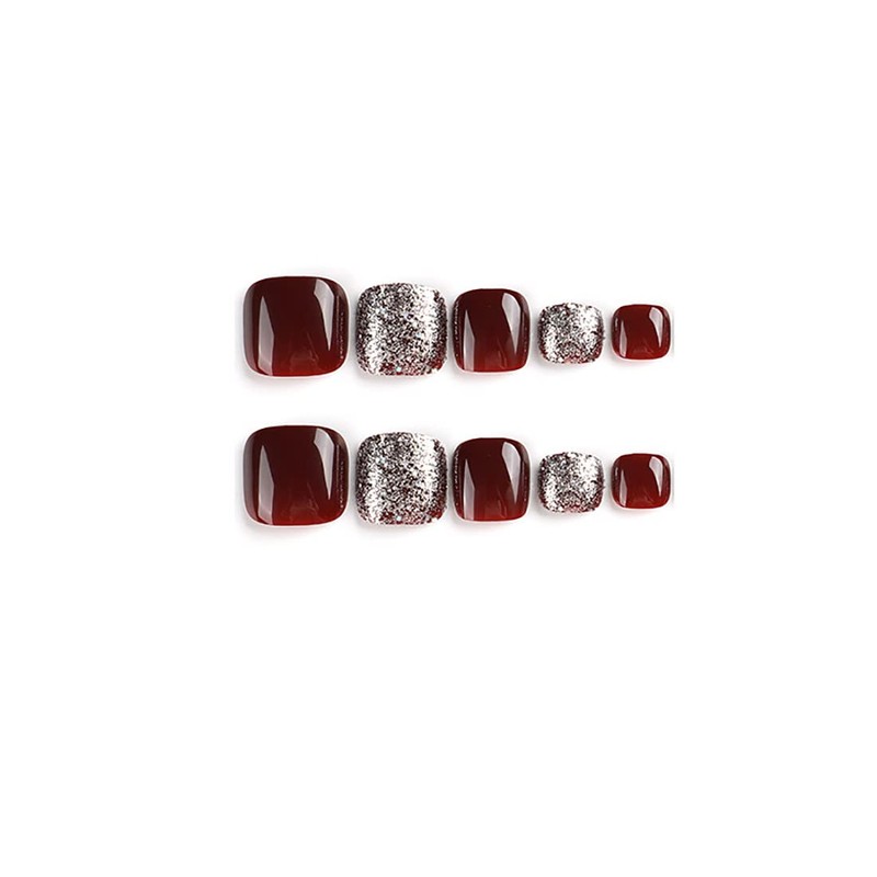 24-PCS Square Press on Toenails Red Glitter False Toenails Full