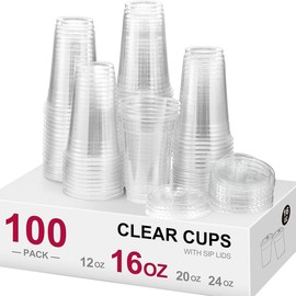 100 sets, 20 ounce (approximately 591.4 milliliters) crystal clear plastic cups with straw caps, disposable cups, suitable for iced coffee, smoothies, milkshakes, and cold drinks - Size: 16oz
