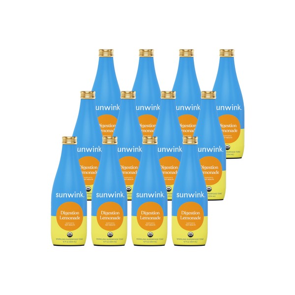 Sunwink Sparkling Digestion Lemonade Tonic - 12-Pack Non-Alcoholic Drink - Bloating Relief for Women for Gut Health w/Dandelion Extract, Lemon Balm & Chicory - Supports Digestive Health