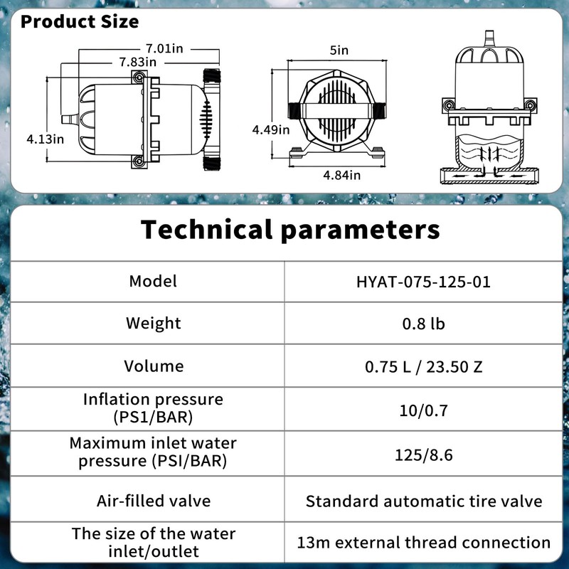Pre-Pressurized Accumulator Tank – 0.75L Volume, 125 PSI, Quiet Operation,