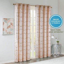 Intelligent Design Raina Total Blackout Metallic Print Grommet Top Single Window Curtain Panel Thermal Insulated Light Blocking Drape for Bedroom Living Room and Dorm 1 Piece, 50x63, Blush/Gold
