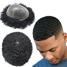 F M FACE MIRACLE NEW YORK Afro Toupee for Black Men Full Poly Skin PU Injection Human Hair Units for Black Men Wave African American Hair Piece Curl Men Replacement System(8"x10", 1# Jet Black-8MM)