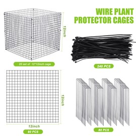 Zubebe 20 Pack Small Wire Plant Protectors Square Plant Protectors from Animals Mesh Cage Chicken Wire Cloche for Shrubs and Vegetables with Ground Stakes and Nylon Ties (12 x 12 Inch)