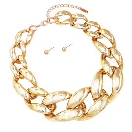 Rosemarie & Jubalee Women's Bold And Colorful Statement Chunky Resin Links Chain Necklace Earring Designer Jewelry Set (Gold Tone Necklace Stud Earring, 16"+2" Extender)