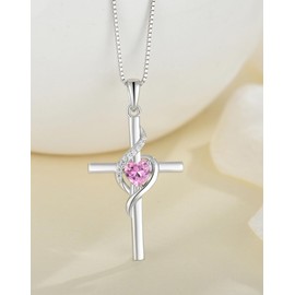 Vemhel Cross Necklace 925 Sterling Silver Infinity Pendant Heart Created Pink Tourmaline Anniversary Jewelry for Women