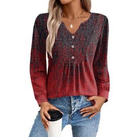 Zeagoo Tops for Women Trendy Fall Long Leeve Tops Floral Boho Tshirts Loose Fit V Neck Button Pleated Shirts Blouse Dressy Casual Work Basic Top