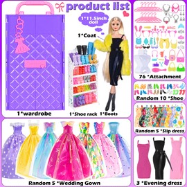 11.5 Inch Girls' Doll with Doll, Wardrobe Playset, Close Fashion, Long Dresses, Shoes, Handbags and Other Accessories for Girls Age 3+, Gift One (Purple)