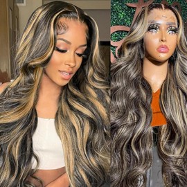 Agairl FB/27 Highlight Balayage Lace Front Wig Human Hair Pre Plucked 200% Density Body Wave HD Lace Frontal Wigs Human Hair 13X4 Ombre Wigs Human Hair 20 Inch