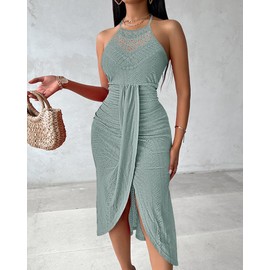 CHICME Womens Holiday Beach Dress Halter Hollow-Out A Line Sundress Maxi Vacation Dresses-GR-XXL Green