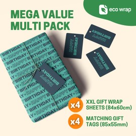 4 x Birthday Wrapping Paper for Men - HUGE 84cm x 60cm Premium Eco Gift Wrap for dad, husband, brother, son, boys, friend or anyone (4 Sheets & 4 Tags)