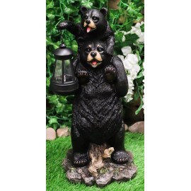 Rustic Black Bear Carrying Cub On Shoulder Statue Solar LED Lantern Light Decor