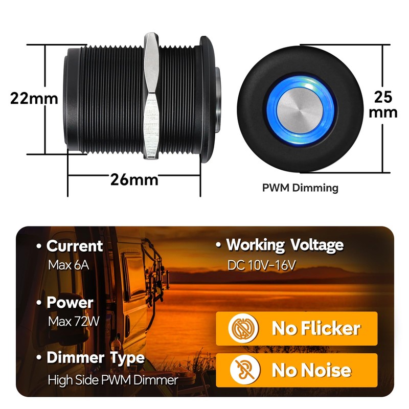 Obeaming 12V Dimmer Campervan Boat Light High-Side PWM Dimming Switch,