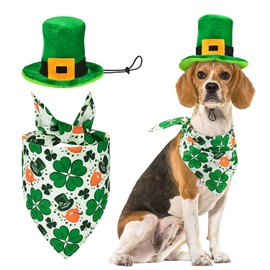 Disfraz de perro para el día de San Patricio, sombrero verde para perro, día de San Patricio, pañuelo triángulo con patrón de trébol para perros, gatos, cachorros, gatitos, 2 unidades