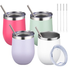 12oz/4 Pack Wine Tumbler Glasses with Lid Stemless Double Wall Vacuum Stainless Steel Travel Tumbler Keeping Cold & Hot for Wine,Coffee,Cocktails,Christmas Drinks-Family and Gifts(Multi color-9)