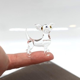 Sansukjai Chihuahua Tiny Micro Figurines Hand Blown Glass Art Animals Collectible Dog-Lover Gift Home Décor (Clear Stand)
