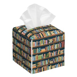 Bookshelves Tissue Box Cover Square,Tissue Box Holder with Belt Bottom,Stylish Leather Napkin Holder for Vanity Countertop,Nightstands,Office Desk,5.2"×5.2"×5.2"