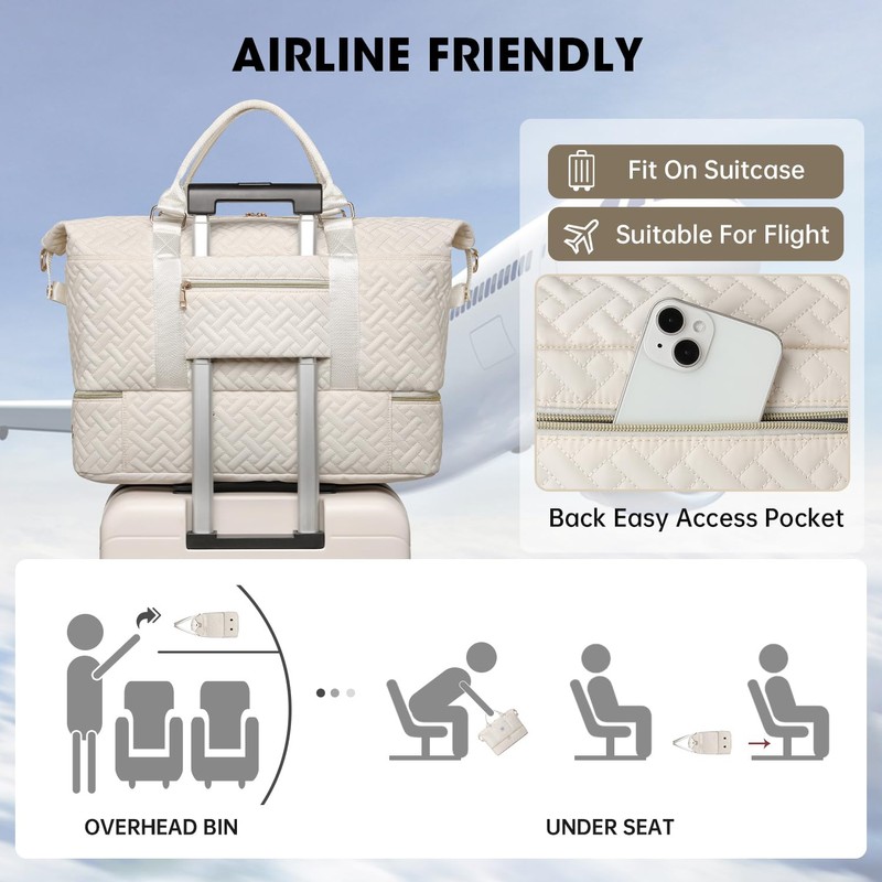 Duffle Bags for women,50L Quilted Travel Weekender Bag with Shoe