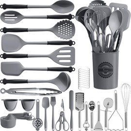 Kikcoin 43Pcs Large Kitchen Utensils Set - Silicone Cooking Utensils Set, Dishwasher Safe Spatula Set for Non-stick Cookware, 446°F Heat Resistant Kitchen Utensils Set with Holder BPA Free, Grey