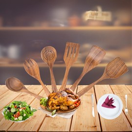 Natural Teak Wood Cooking Spoon set of 6, Teak Wood Cooking spatula, Non-Toxic and Non-Sticky, Cooking Utensils-big Wooden Cooking Spoon,