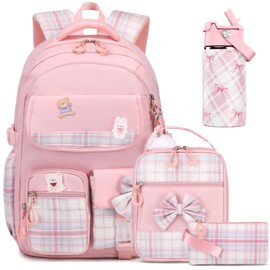 ACESAK Backpack for Girls with Insulated Water Bottle, Bow Tie Plaid Bookbag for Girls Kids, 14oz Termos Kids Water Bottle Stainless Steel, Lunch Bag & Pencial Case, Back To School Gift (Pink)