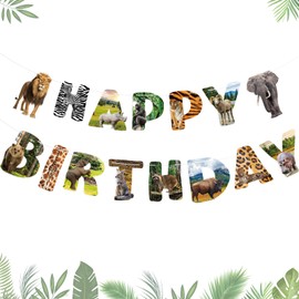 Lemicin Safari Animals Happy Birthday Banner, Wild Birthday Jungle Party Sign, Wild One Animal Themed Bunting for Tribal Boy Girl Theme Supplies Kids 1st First Bday Shower Party