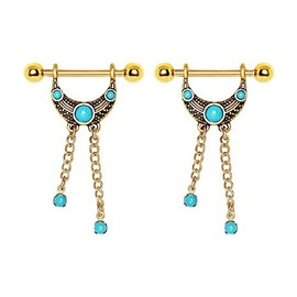 PIERCE ME (2pcs) Vintage Gold Plated Turquoise Accented Tribal Nipple Shield