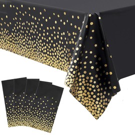 Black and Gold Table Cloths for Parties, 4 Pack Disposable Party Table Cloths 54"x108" Gold Dot Plastic Tablecloths Suitable for Rectangular Tables for Graduation Birthday and Cocktail Party