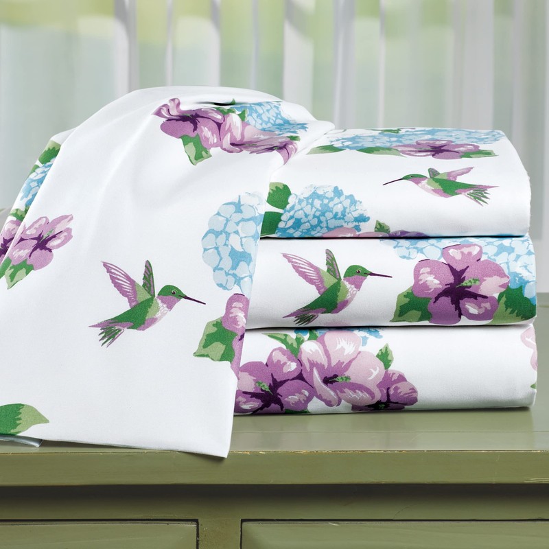 Collections Etc Humming Bird Floral 4-Piece White Sheet Set