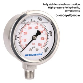 MEASUREMAN 2-1/2" dial,Glycerin Filled Hydraulics Pressure Gauge Stainless Steel case, 316 SS Wetted Part, 0-10000psi/bar1/4"NPT,Lower Mount
