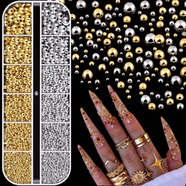 ONPRESS 1Box/12Girds 3D Mixed Sizes Nail Charms Gold Silver Mini Metal Caviar Nail Art Charms Gold Silver Round Balls Nail Gem Jewelry Steel Pearl Gemstone Beads Nails Art DIY Crafts Nails Supplies