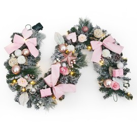 GarveeHome Christmas Garland with Lights, Holiday Accent Door Garland with Pink Bows & Colorful Balls, Pine Cones & Pine Needles, Christmas Decorations for Indoor Outdoor Gatherings Parties