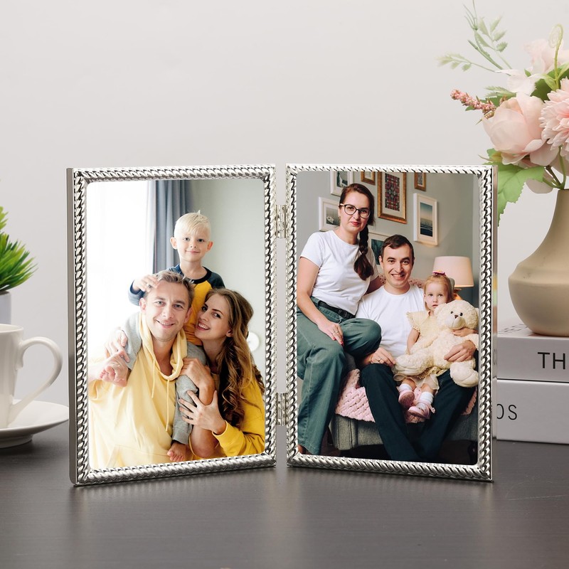 FineLiMoLa 5x7''Silver Double Frames,Rope Design Metal Photo Frame with Black