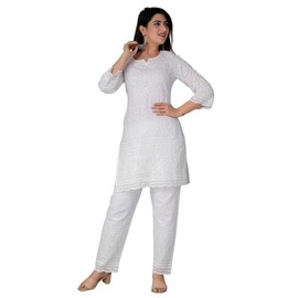 JG JAI GOVINDAM Chikankari Cotton Indian Kurtis For Women Summer Dresses Tunic Top Pant Set Pakistani Salwar Kameez Suit Set, White, XXL