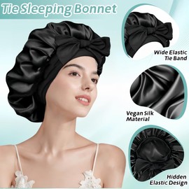 JAONLD Silk Bonnet, 2 Pcs Sleep Bonnets for Women Adjustable Satin Hair Bonnet Hair Wrap Soft Elastic Head Cover Night Sleeping Cap with 2 Pcs Silk Hair Ties for Long, Straight, Curly Hair