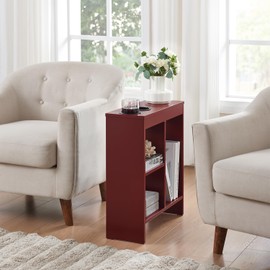 Kings Brand Furniture - Side End Table with Drink Holders, Storage Shelves, Magazine Holder, Narrow Slim Chair Couch Table, Nightstand, Bedside Table for Bedroom, Living Room, Office, Red