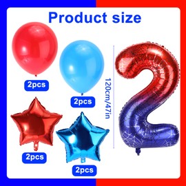 Spider Themed Birthday Balloons Set, 47in Giant Foil Spider Web & 4pcs Star & 4pcs Round Red Blue Balloons Ideal Birthday Cartoon Theme Party Decorations and Favors(Number 2)