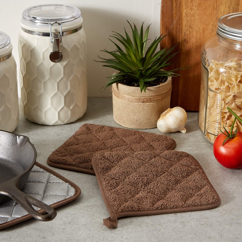 DII Basic Terry Collection Quilted 100% Cotton, Potholder, Brown, 3