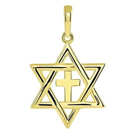 Jewelry America 14k Yellow Gold Jewish Star of David with Religious Cross Judeo Christian Pendant (Small)