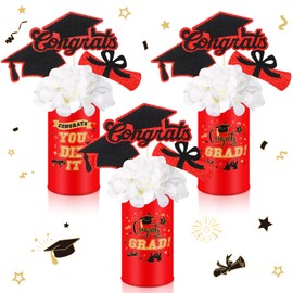 Domensi 3 Sets Graduation Table Centerpiece Decorations Class of 2025 Includes 3 Silk Artificial Flower 9 Congrats Grad Sticks Picks Toppers 3 Metal Vases for Home Party Supplies Gifts(Red)